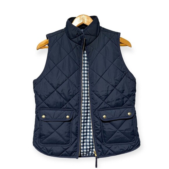 J.CREW Size S Navy Blue Quilted Puffer Vest Check Gingham Lined - Picture 1 of 7